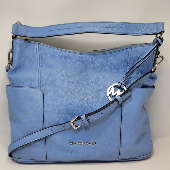 Michael Kors Anita Large Shoulder Crossbody Bag Light Blue Pebbled Leather Charm - Picture 1 of 8